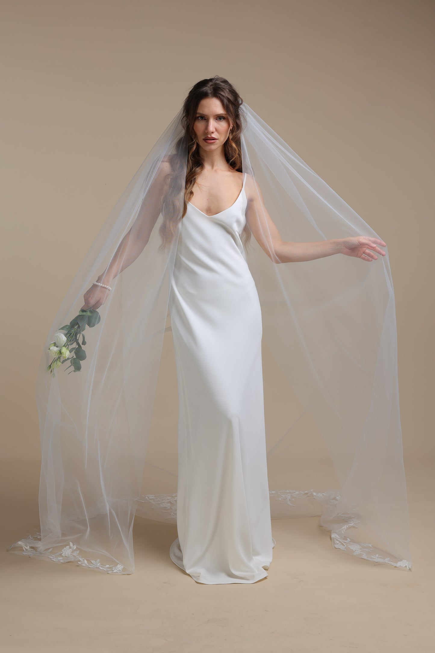 Long One Tier Bridal Veil with Floral Appliques on Train | Cathedral Length Wedding Veil | Elegant Lace Veil,M1099