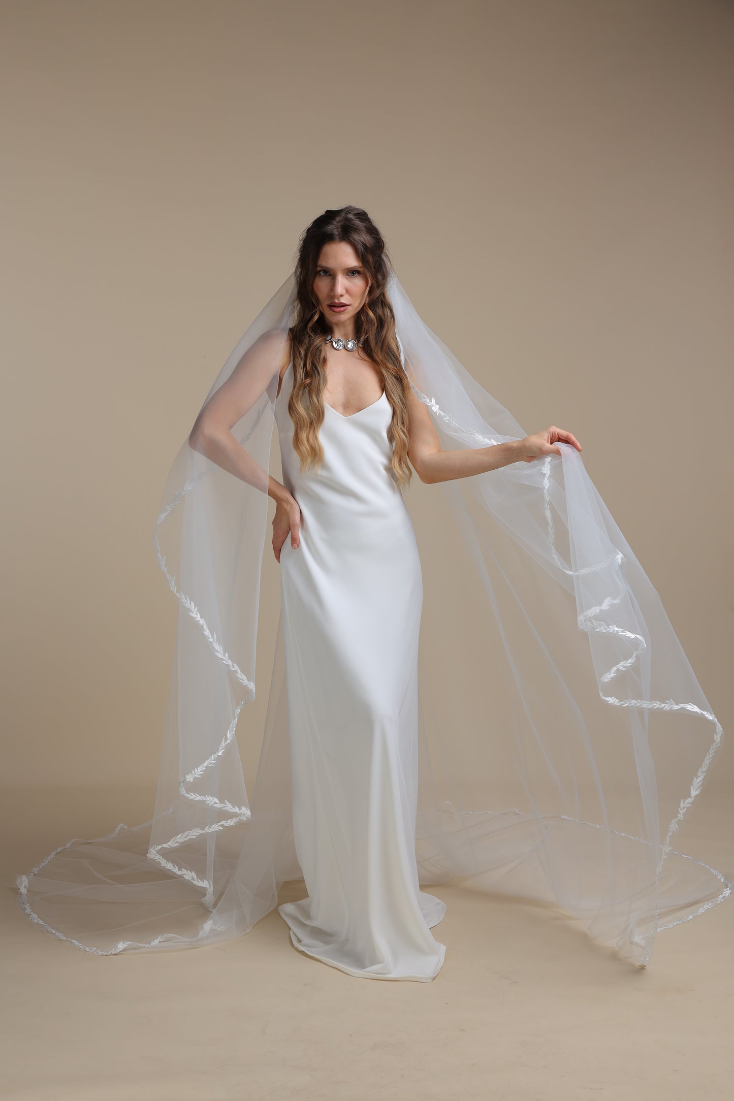 Long One Tier Cascade Bridal Veil with Lace Vine Appliques | Cathedral Wedding Veil with Lace Edge,M1100