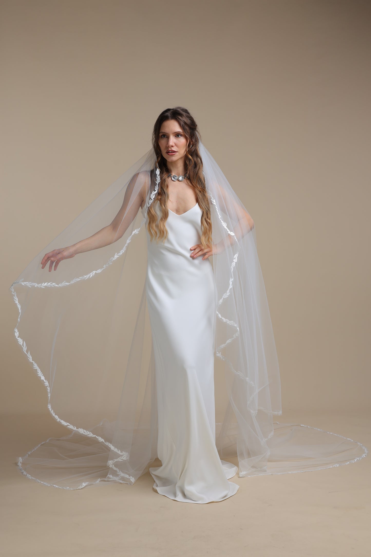 Long One Tier Cascade Bridal Veil with Lace Vine Appliques | Cathedral Wedding Veil with Lace Edge,M1100