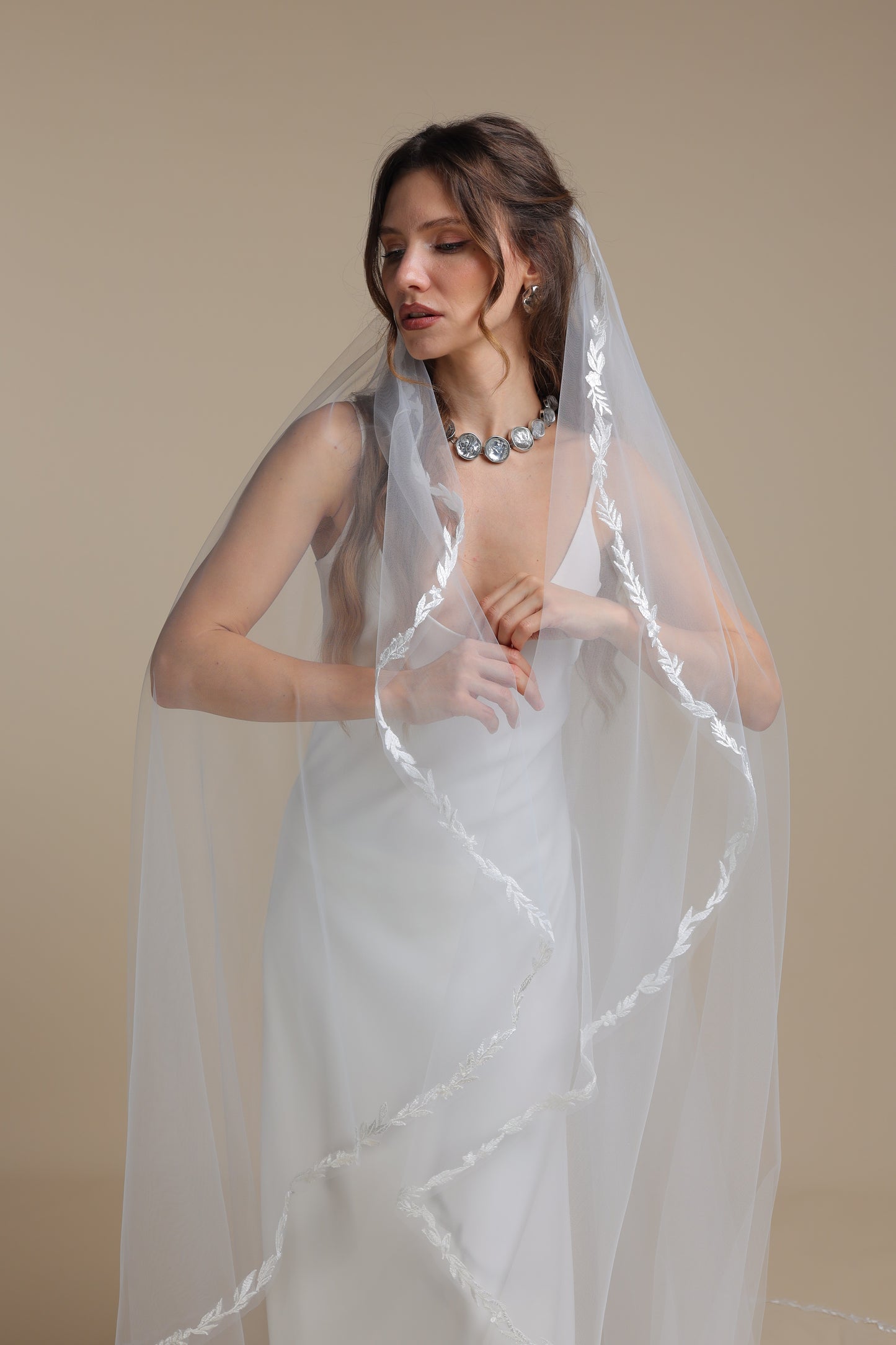 Long One Tier Cascade Bridal Veil with Lace Vine Appliques | Cathedral Wedding Veil with Lace Edge,M1100