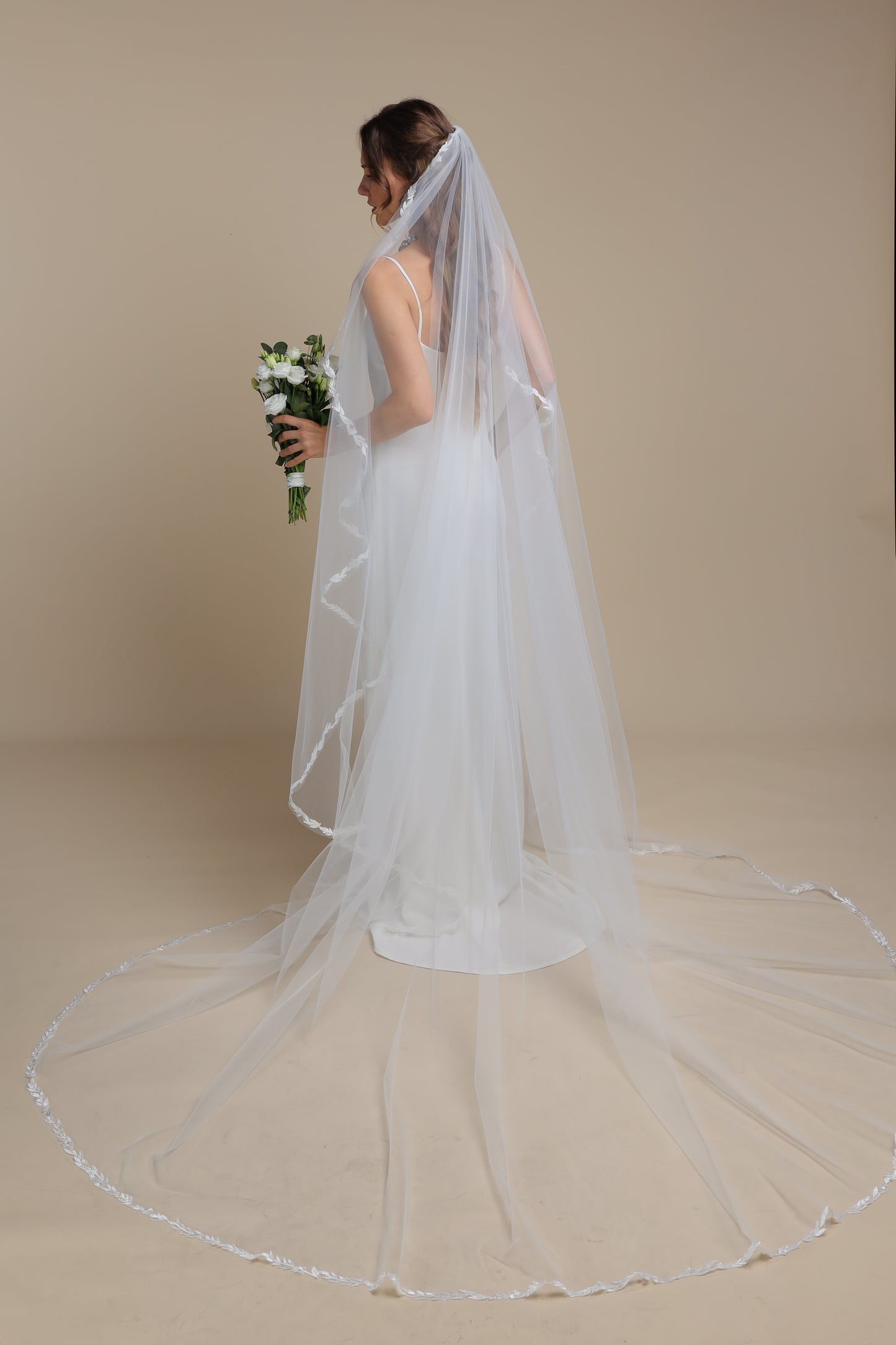 Long One Tier Cascade Bridal Veil with Lace Vine Appliques | Cathedral Wedding Veil with Lace Edge,M1100