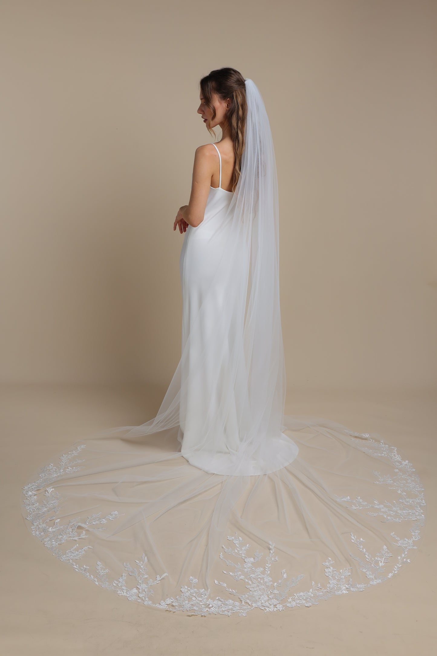 Long One Tier Bridal Veil with Floral Appliques on Train | Cathedral Wedding Veil | Elegant Lace Veil,M1102