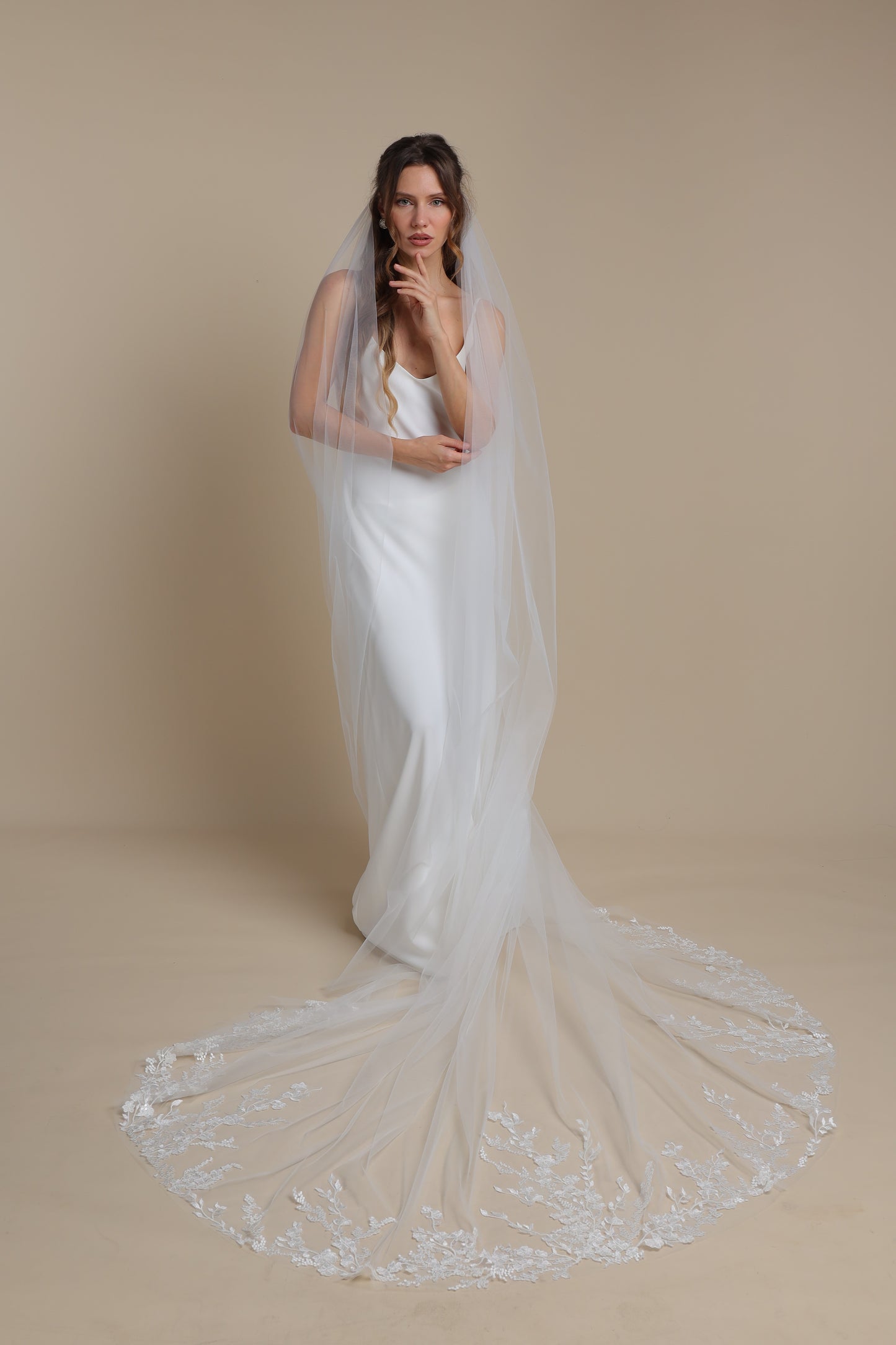 Long One Tier Bridal Veil with Floral Appliques on Train | Cathedral Wedding Veil | Elegant Lace Veil,M1102