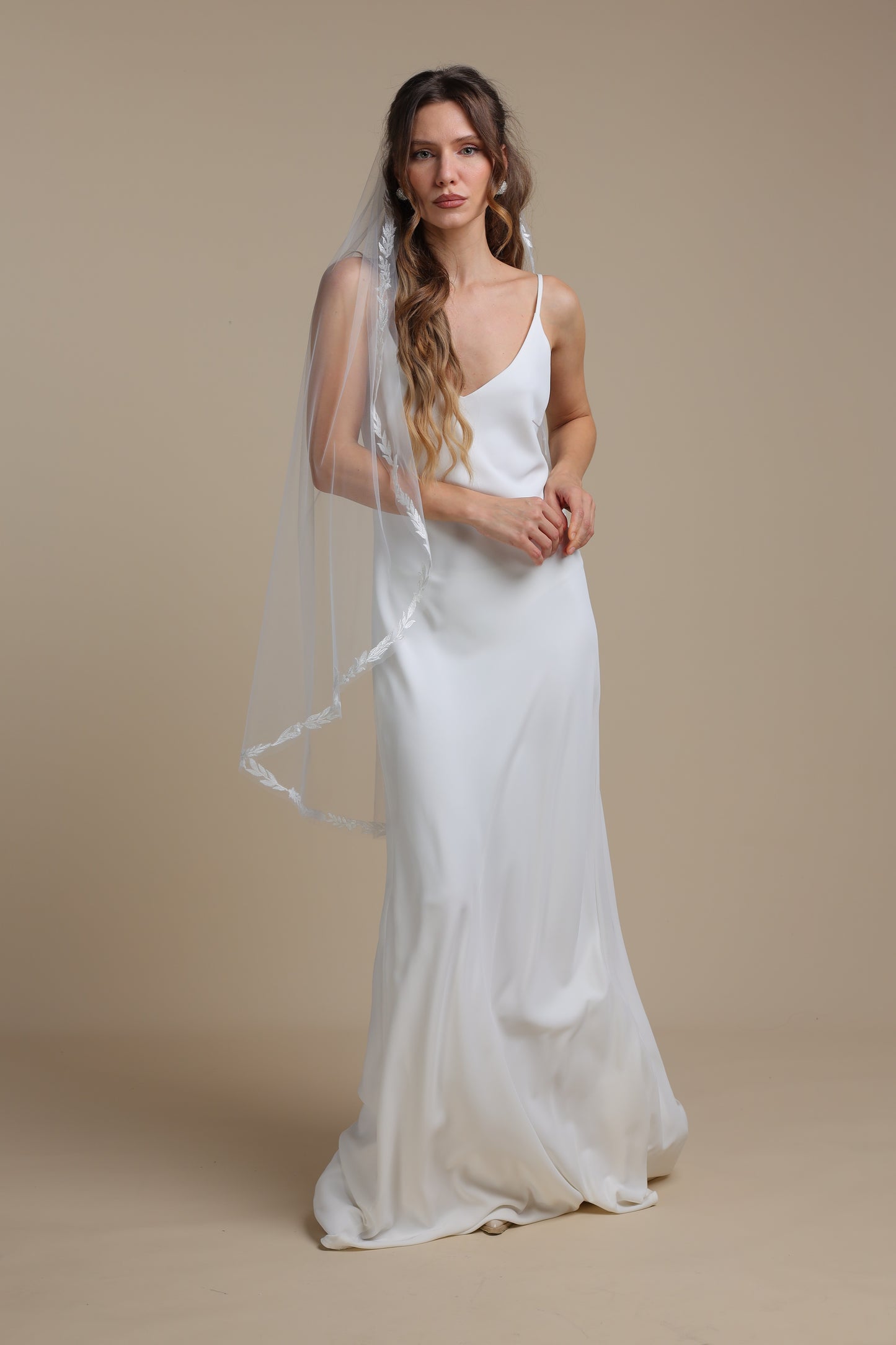 Handmade Long Cascade Veil with Lace Vine Edge — One Tier Bridal Veil with Floral Appliques,M1103