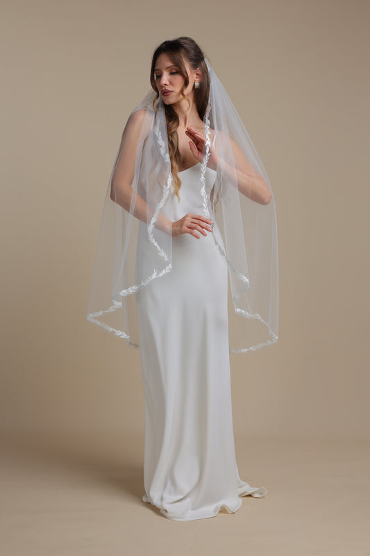 Handmade Long Cascade Veil with Lace Vine Edge — One Tier Bridal Veil with Floral Appliques,M1103