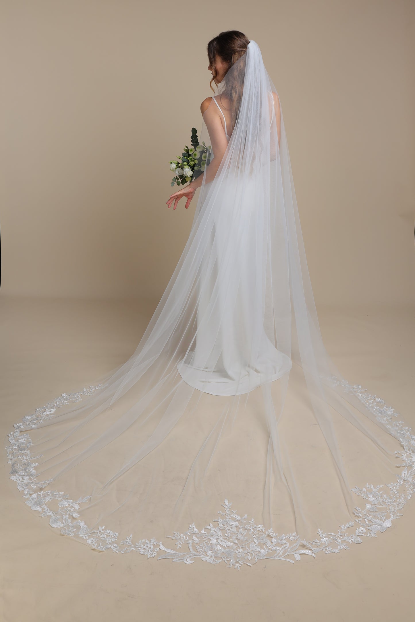 Ethereal One Tier Cathedral Veil with Floral Appliques on Train | Long Romantic Bridal Veil,M1104