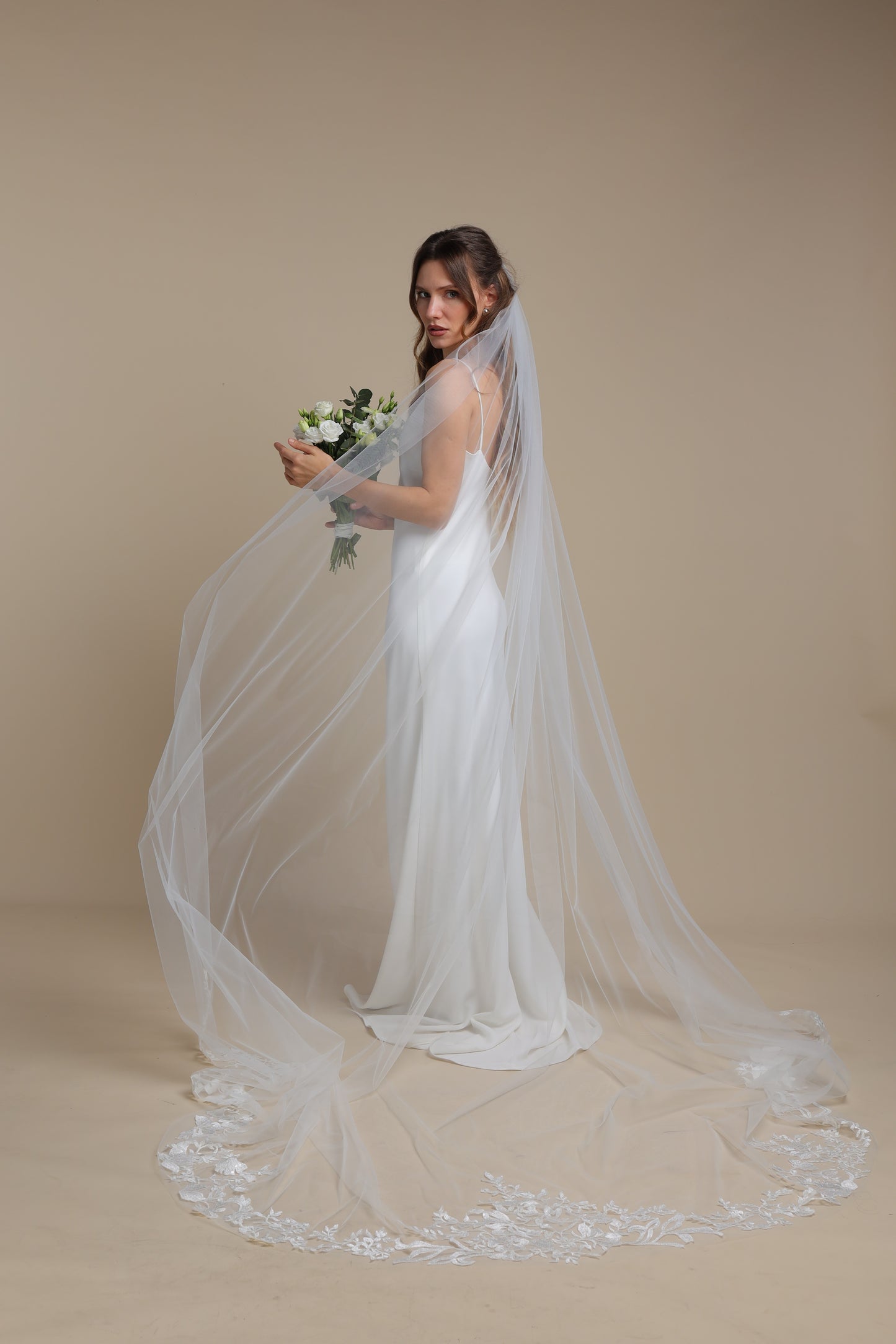 Ethereal One Tier Cathedral Veil with Floral Appliques on Train | Long Romantic Bridal Veil,M1104