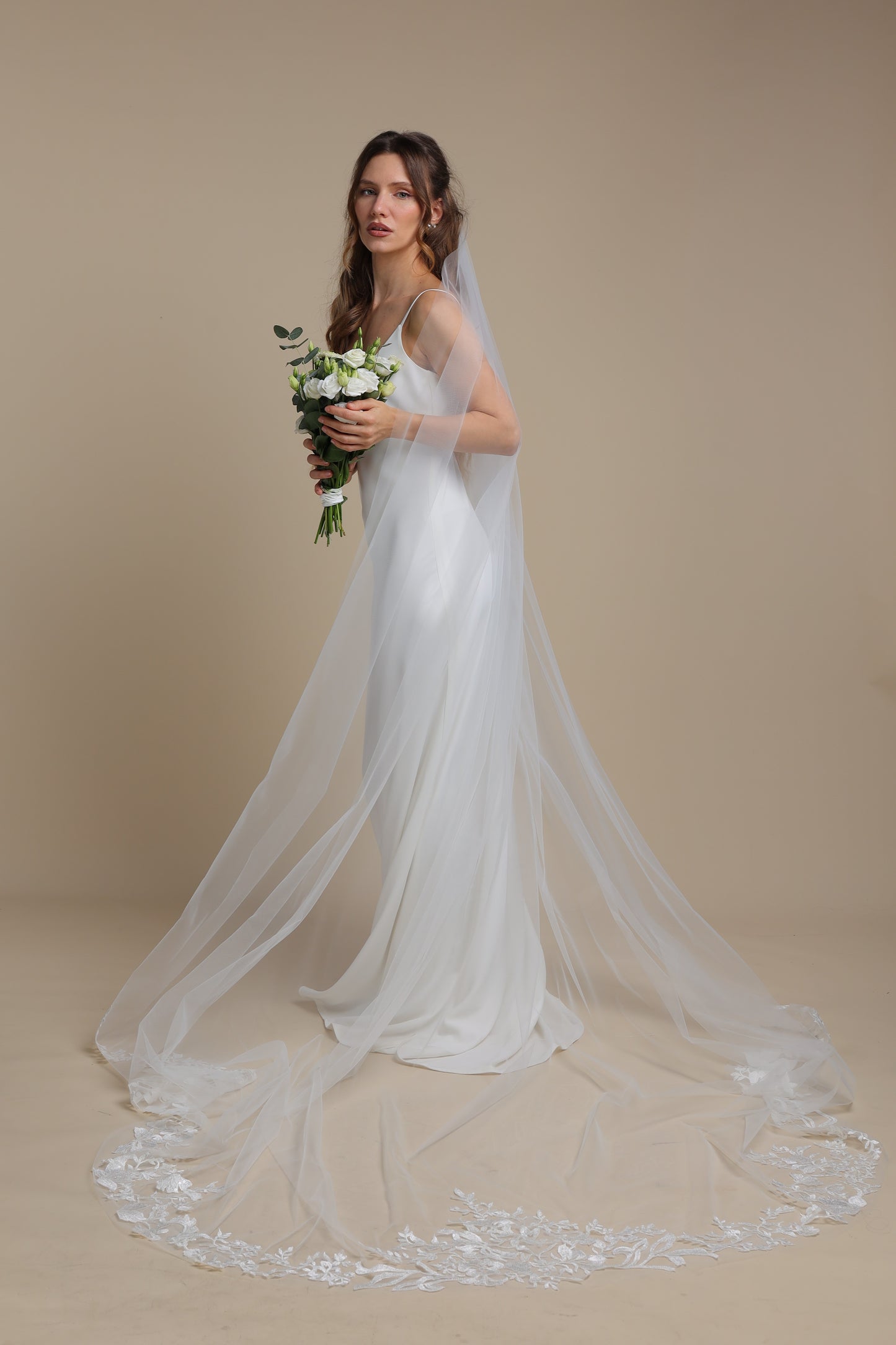 Ethereal One Tier Cathedral Veil with Floral Appliques on Train | Long Romantic Bridal Veil,M1104