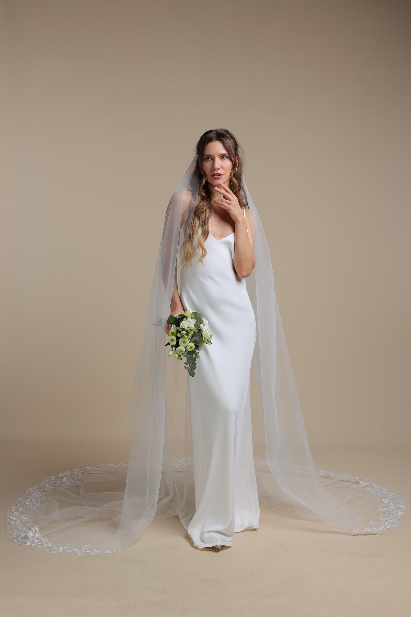 Ethereal One Tier Cathedral Veil with Floral Appliques on Train | Long Romantic Bridal Veil,M1104