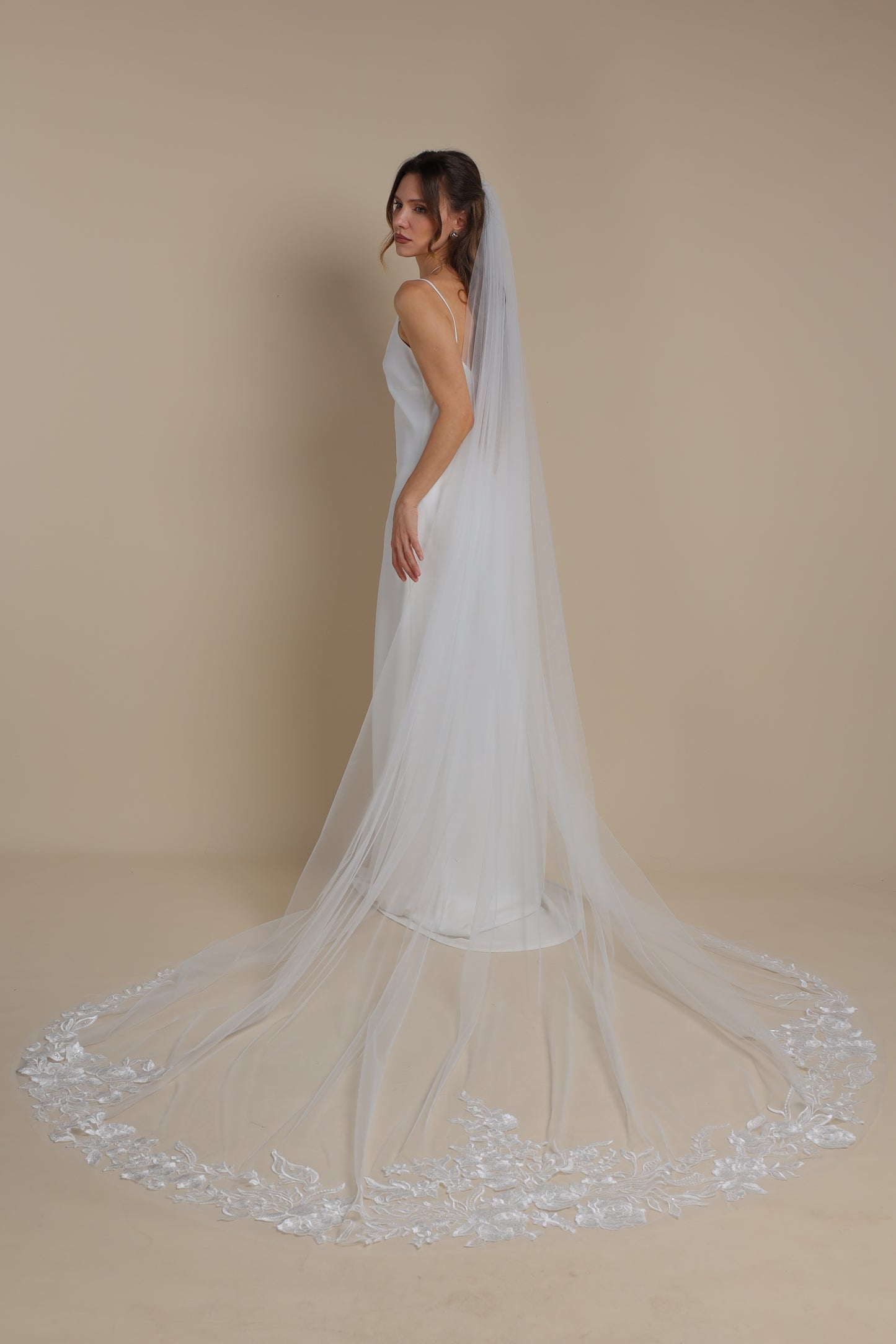 Floral Long Bridal Veil — One Tier Cathedral Veil with Lace Appliques on Train,M1106