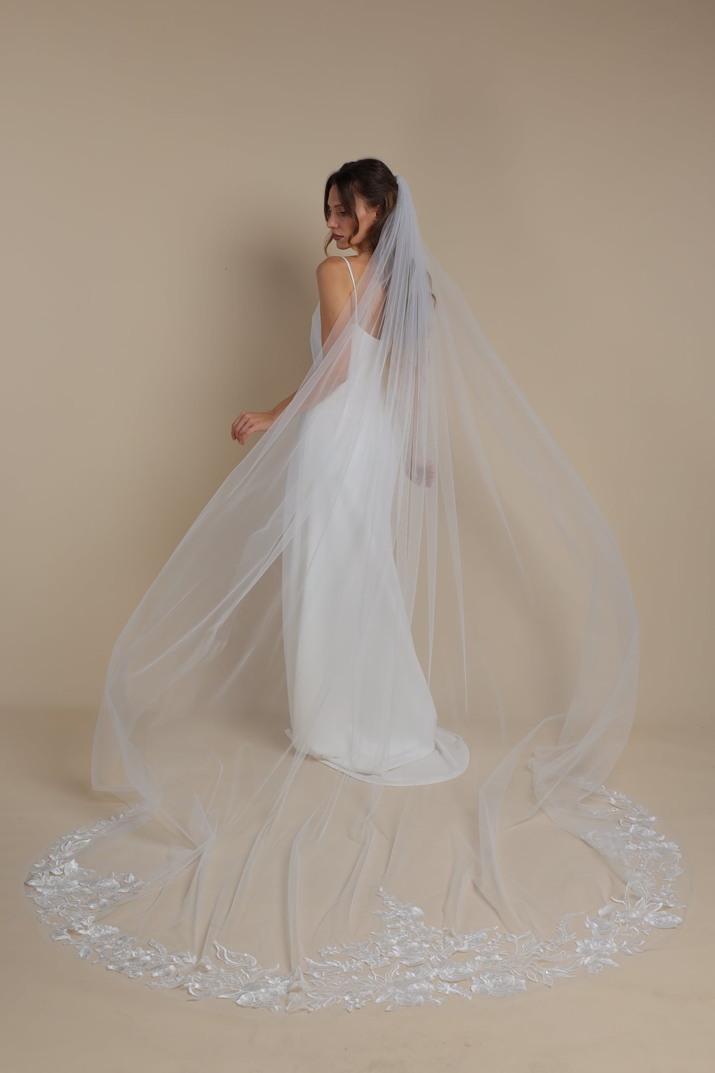 Floral Long Bridal Veil — One Tier Cathedral Veil with Lace Appliques on Train,M1106