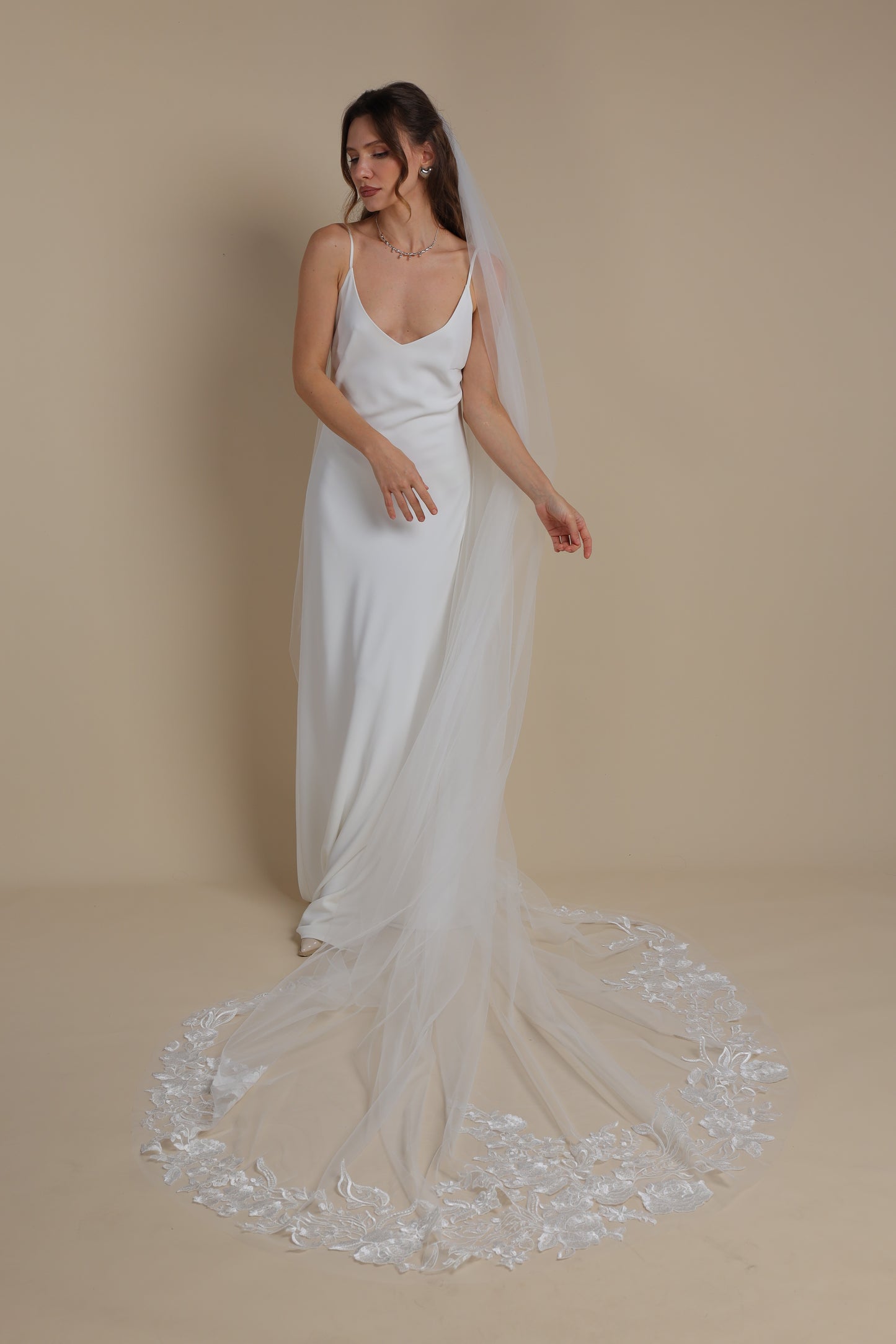 Floral Long Bridal Veil — One Tier Cathedral Veil with Lace Appliques on Train,M1106