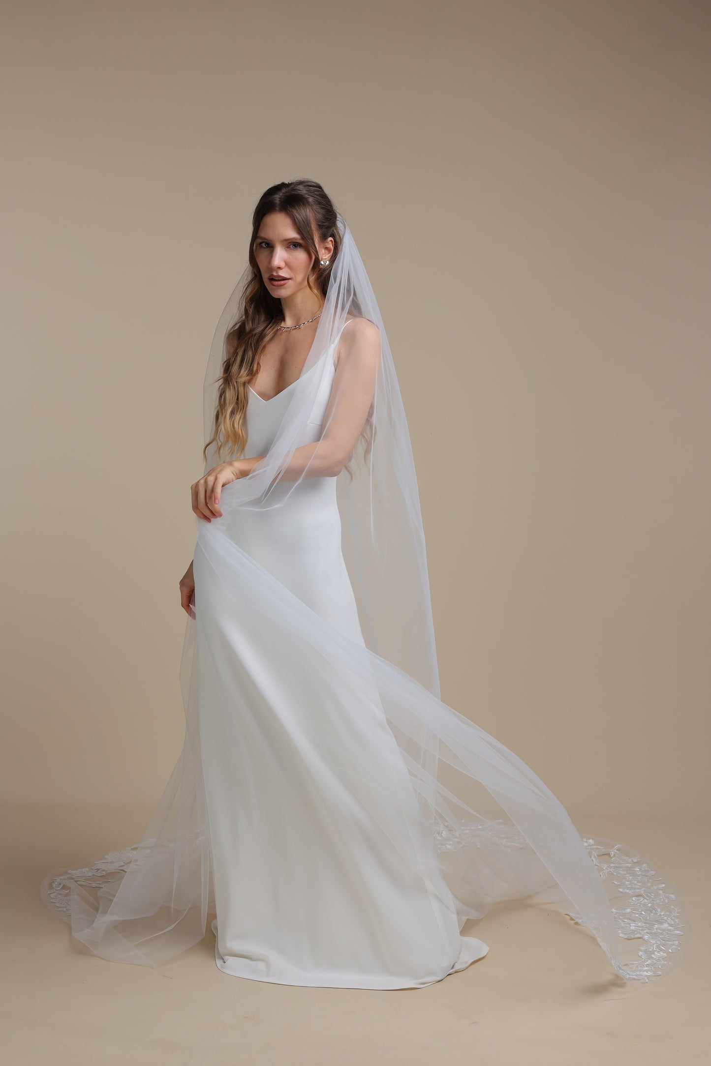 Floral Long Bridal Veil — One Tier Cathedral Veil with Lace Appliques on Train,M1106